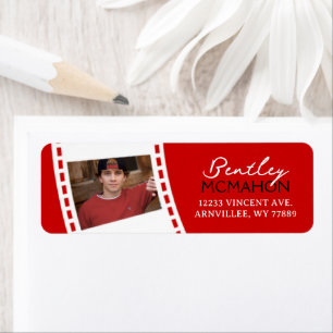Rote und weiße Filmstrip-Foto-Rücksendeadresse