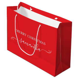 Rote und weiße frohe Weihnachtsbäume Unterschrift Große Geschenktüte