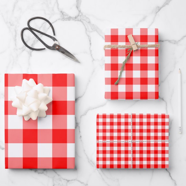Rote und weiße Gingham-Karo verschiedener Größen Geschenkpapier Set (Vorderseite)