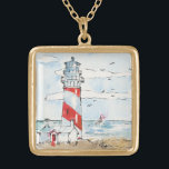 Rote und weiße Leuchtturm-Szene Vergoldete Kette<br><div class="desc">Ein Wasser-Farbdruck eines Leuchtturmes und des Segelboots auf dem Wasser.</div>