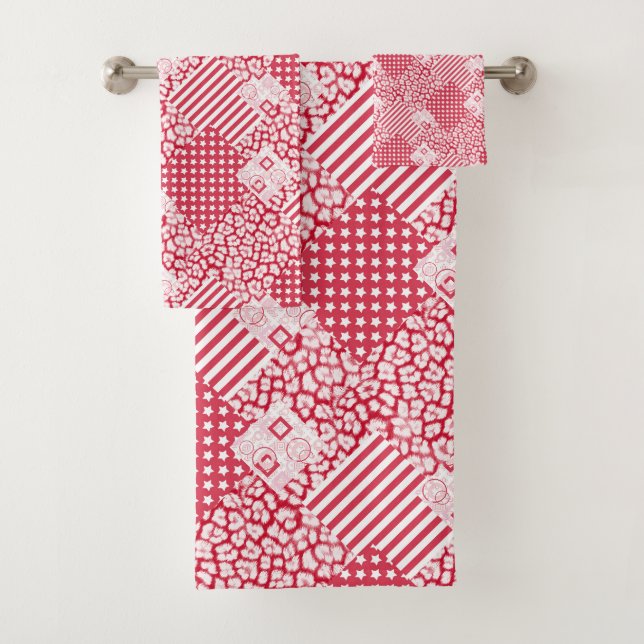 Rote und weiße Patchwork rustikal Badhandtuch Set (Insitu)