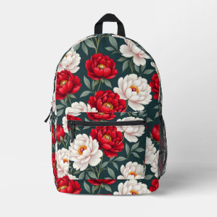 Rote und weiße Pfingstrosenblüten Bedruckter Rucksack