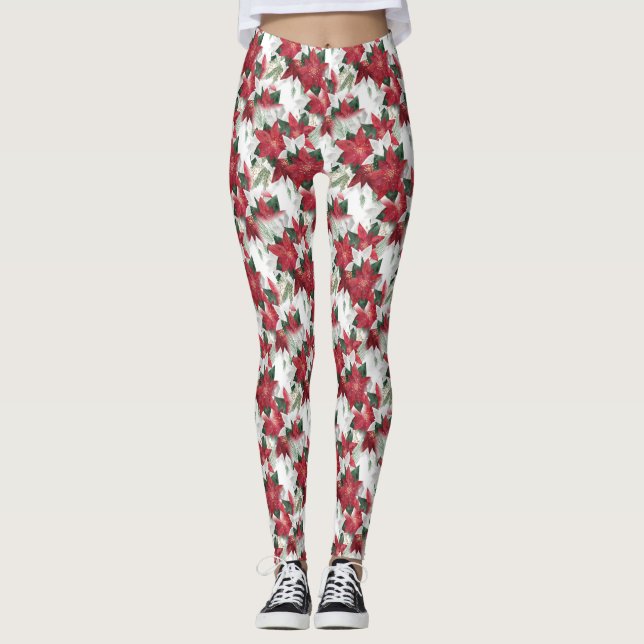Rote und weiße Poinsettias Leggings (Vorderseite)