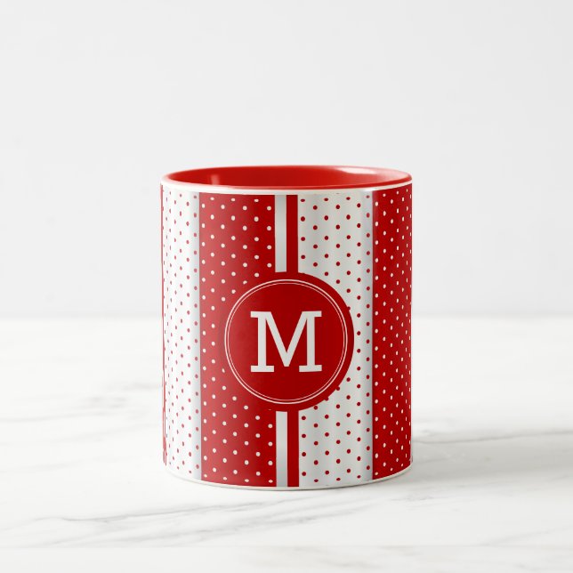 Rote und weiße Polka-Punkte für Monogramm Zweifarbige Tasse (Mittel)