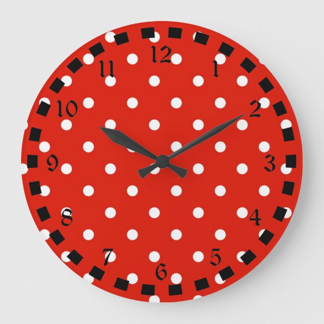 Rote und weiße Polka-Punkte Große Wanduhr (Vorderseite)