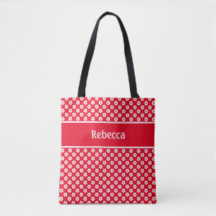 Rote und weiße punktierte Tasche mit Namensstreife