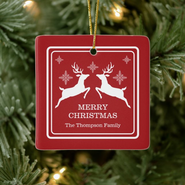 Rote und weiße Rentiere mit Schneeflocken Weihnach Keramikornament (Baum)