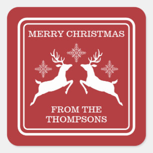 Rote und weiße Rentiere und Schneeflocken Weihnach Quadratischer Aufkleber