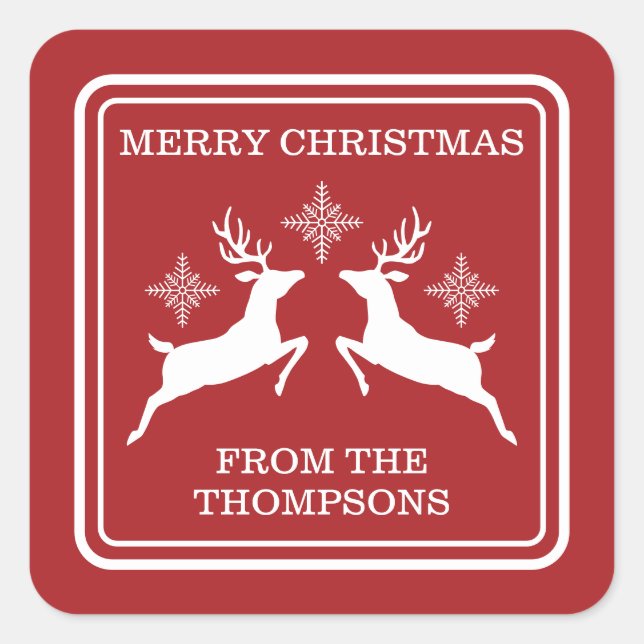 Rote und weiße Rentiere und Schneeflocken Weihnach Quadratischer Aufkleber (Vorderseite)