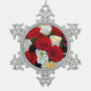 Rote und weiße Rosen Blumenprint Schneekristall-Or Schneeflocken Zinn-Ornament