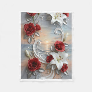 Rote und weiße Rosen mit leuchtender Kerze Fleece 