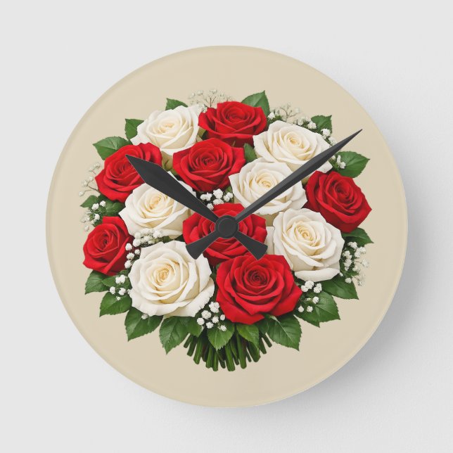Rote und weiße Rosen Runde Wanduhr (Vorderseite)