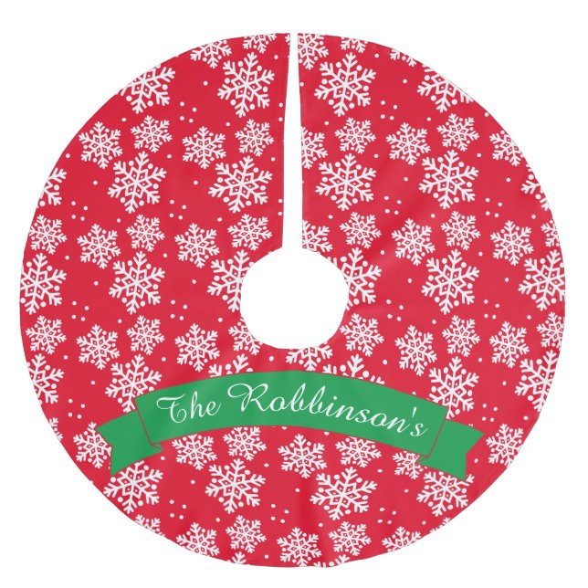 Rote und weiße Schneeflocke mit Familienname Polyester Weihnachtsbaumdecke (Vorderseite)