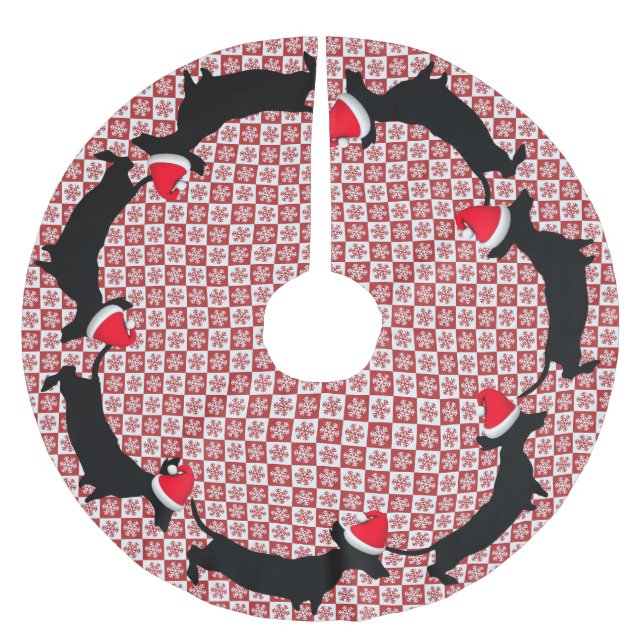 Rote und weiße Schneeflocken Dackeln Baumrock Polyester Weihnachtsbaumdecke (Vorderseite)