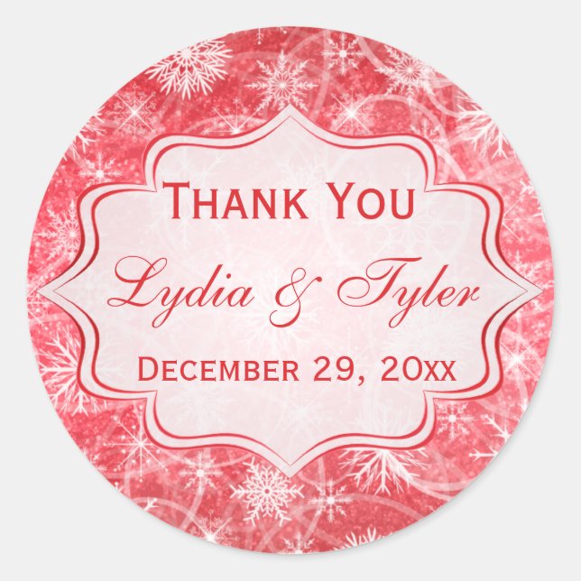 Rote und weiße Schneeflocken-Gastgeschenk Hochzeit Runder Aufkleber (Vorderseite)