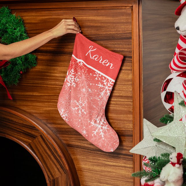 Rote und weiße Schneeflocken Name Weihnachten Großer Weihnachtsstrumpf (Red and white snowflakes name Christmas Large Christmas Stocking)