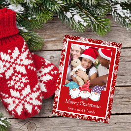 Rote und weiße Schneeflocken und Gnomen-Fotokarte Feiertagskarte