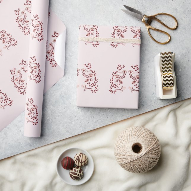 Rote und weiße skandinavische Flora Geschenkpapier (Basteln)