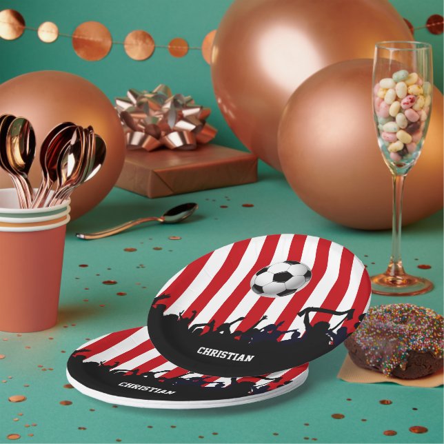 Rote und weiße Streifen Fußballfans und Fußball Pappteller (Multi)