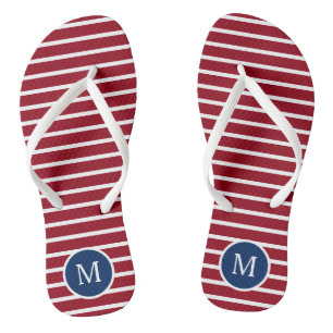 Rote und weiße Streifen mit dunkelblauer Monogramm Flip Flops
