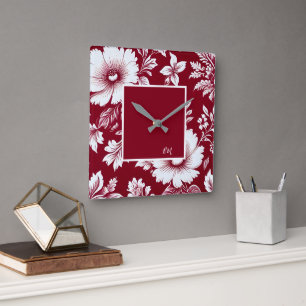 rote und weiße Vintage-Schöne-Gartenblumen Quadratische Wanduhr