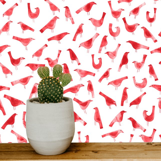 Rote und weiße Vögel Wasserfarben Kunst Tapete (Red and white watercolor bird art wallpaper)