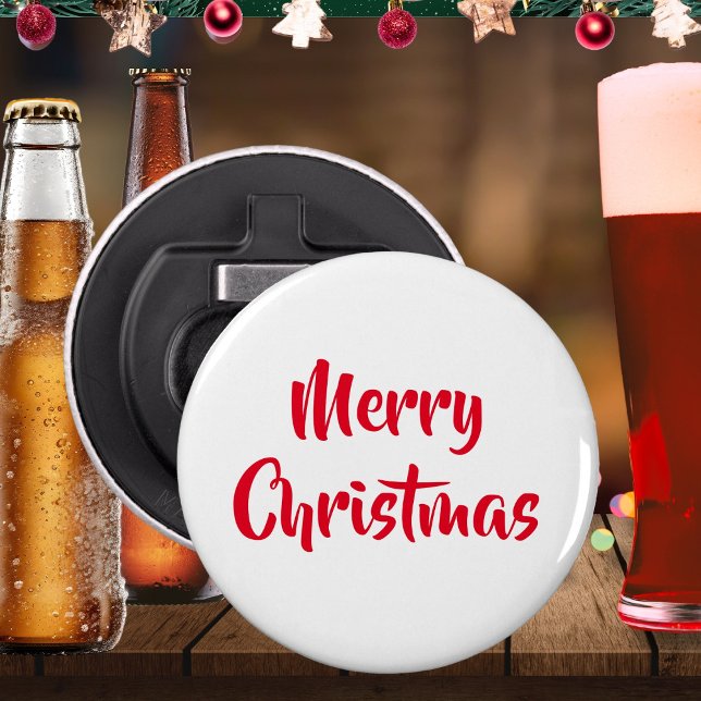 Rote und weiße Weihnachten Feiertag Frohe Weihnach Flaschenöffner (A handy bottle opener with Merry Christmas words in red on white. An ideal festive stocking filler)