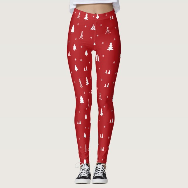 Rote und weiße Weihnachtsbaumschneeflocken Leggings (Vorderseite)