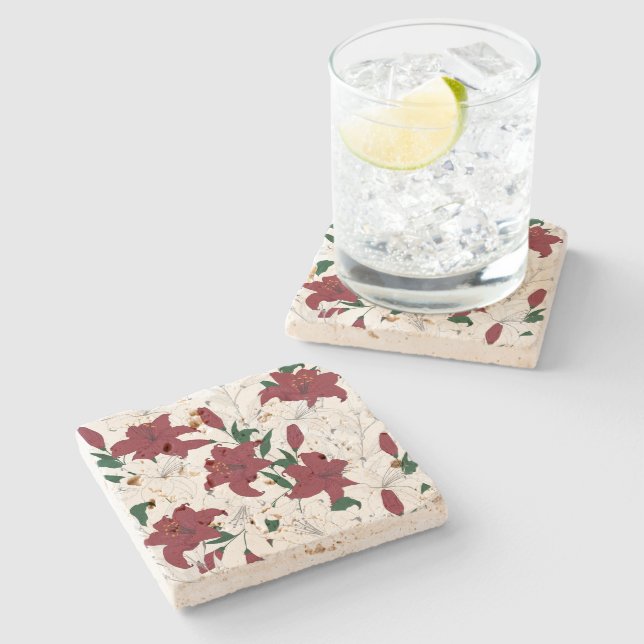 Rote und weiße Weihnachtslilien Steinuntersetzer (Seitenansicht)