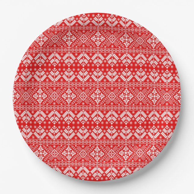 Rote und weiße Weihnachtsmesse Isle Pattern Pappteller (Vorderseite)