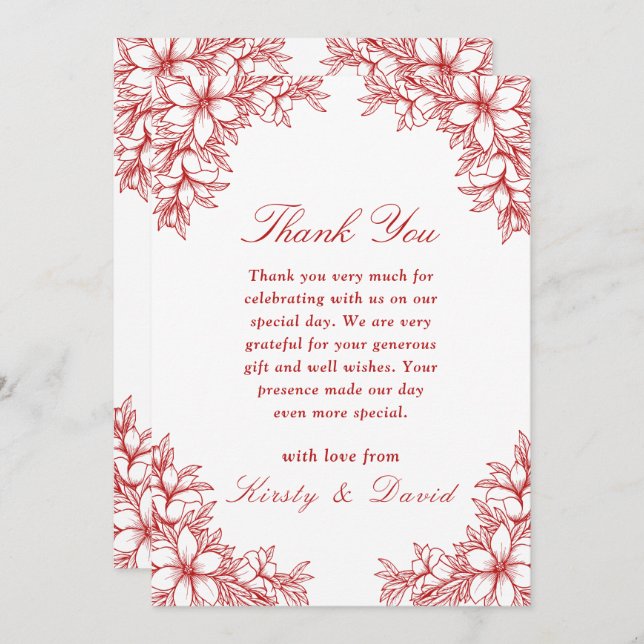 Rote Verzierte Blumenhochzeit Dankeskarte (Vorne/Hinten)