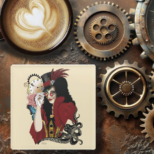 Rote viktorianische Steampunk-Dame Vintage-Oktopus Glasuntersetzer