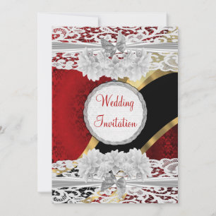 Rote Vintage-Damask und weiße Spitze Hochzeit Einladung