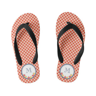 Rote Vintage-Gingham-Blumen-Monogramm-Mädchen Kinderbadesandalen