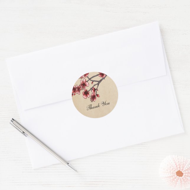 Rote Vintage Kirschblüten Danke, Aufkleber (Umschlag)