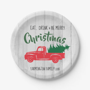 Rote Vintage-LKW-Rustikal-Weihnachts-Papierplatte Pappteller