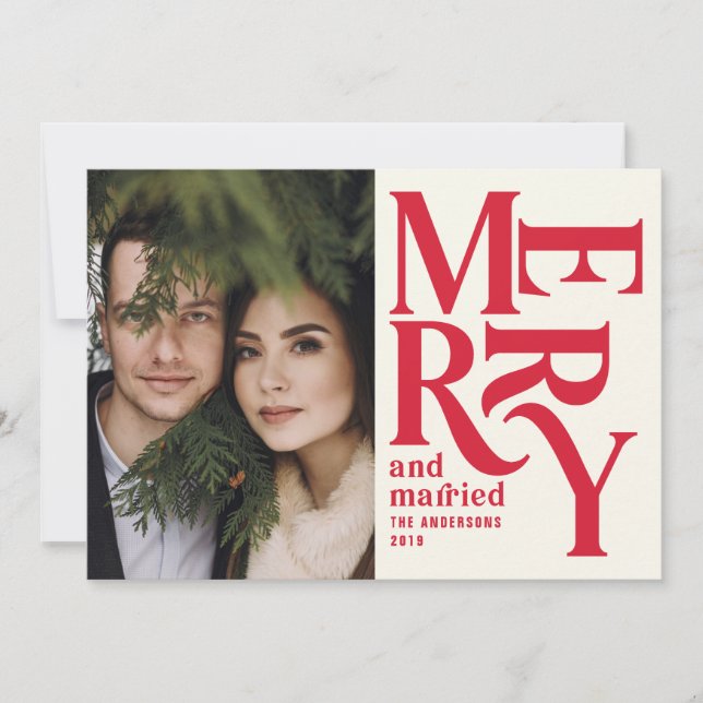 Rote Vintage merry verheiratete Chritsmas Foto Hoc Ankündigung (Vorderseite)