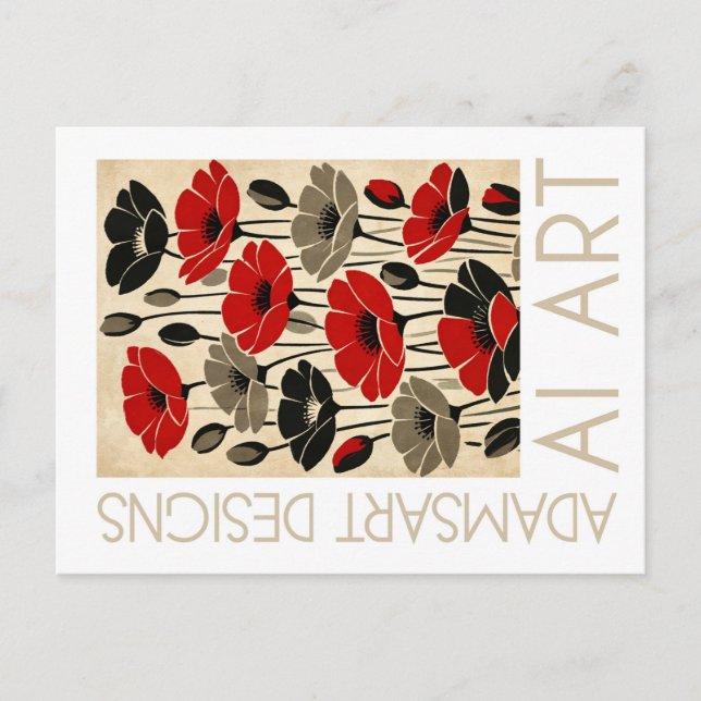 Rote Vintage-Mohn-Blumen-Kunst mit KI Postkarte (Vorderseite)