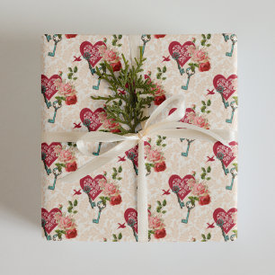 Rote Vintage-Rosen & Schlüssel zu meinem Herzen Va Geschenkpapier