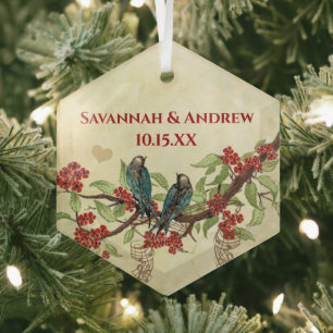 Rote Vintage-Vögel Save-the-Date-Damaskus Braune N Ornament Aus Glas