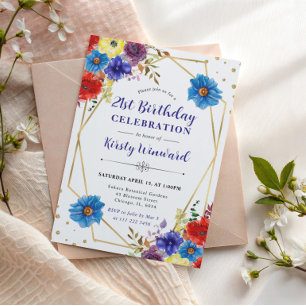Rote, violette und blaue Sommerblumen rahmen Gebur Einladung