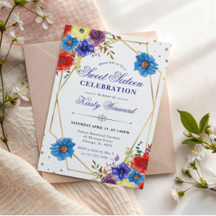 Rote, violette und blaue Sommerblumen umrahmen Swe Einladung
