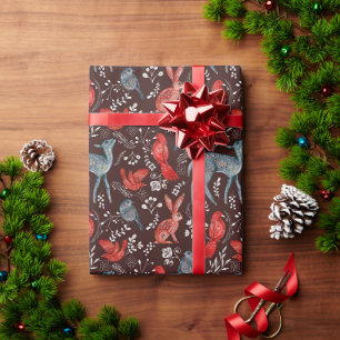 Rote Vögel, Hirsche, Kaninchen auf braunem nordisc Geschenkpapier