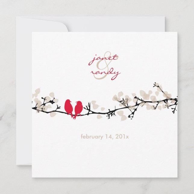 Rote Vögel, Liebesvögel/bunte Blüten Einladung (Vorderseite)