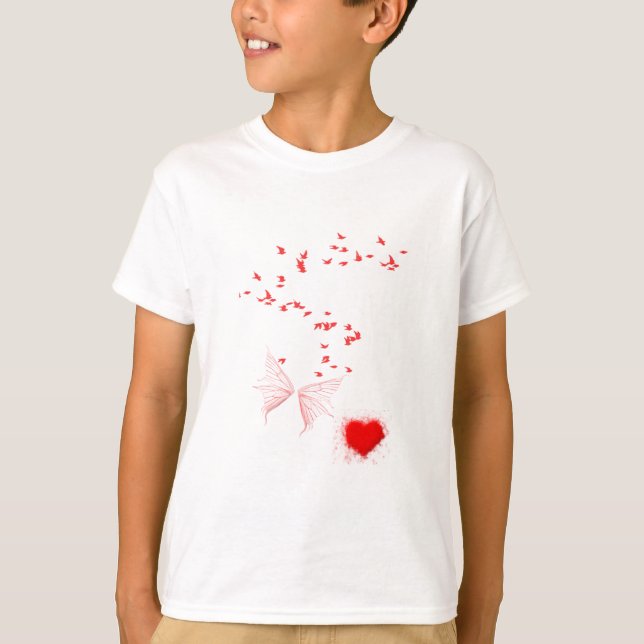 Rote Vögel Schmetterling & Herz T-Shirt (Vorderseite)