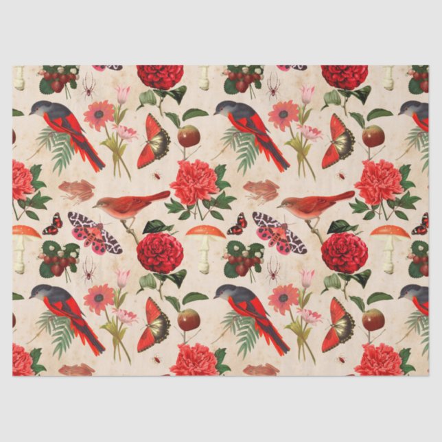 Rote Vögel Schmetterling und Pilzzerfall Seidenpapier (Vorderseite)