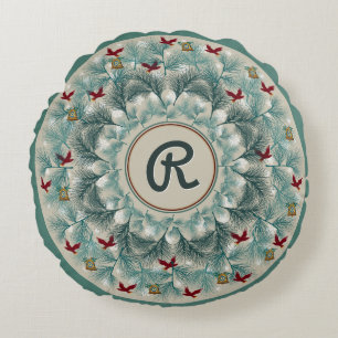 Rote Vögel und Personalisierte weiße Kiefern Rundes Kissen
