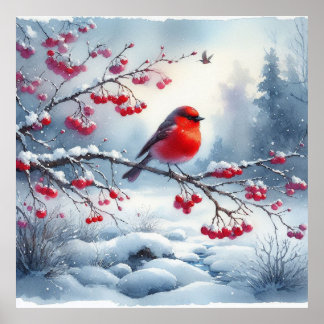 Rote Vögel und Winterlandschaft 13 Poster