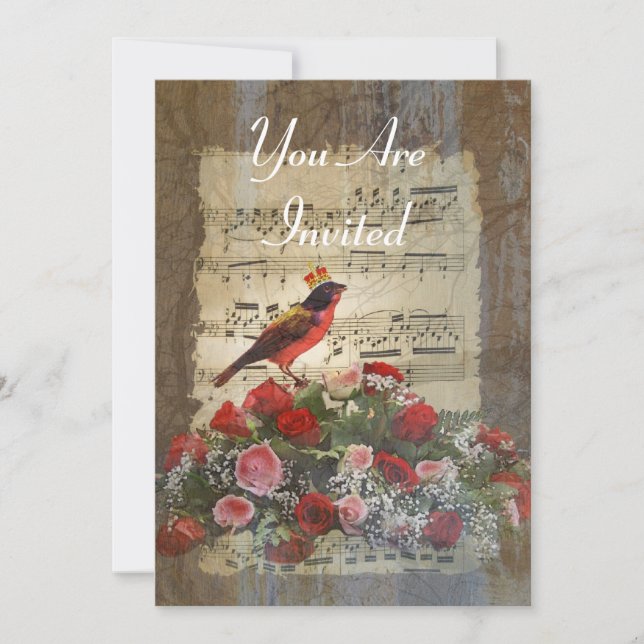 Rote Vogelkolonne auf einem Vintagen Musikblatt Einladung (Vorderseite)
