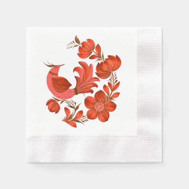 Rote Volkskunst Vogel & Blumen  Serviette (Vorderseite)